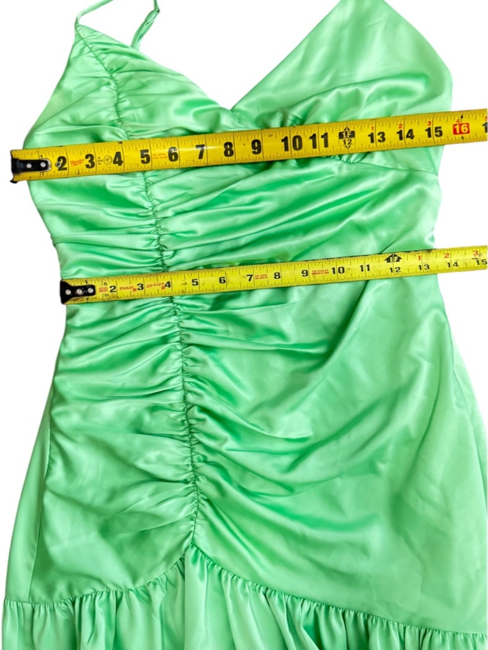 MAJORELLE coquette Bright Green Ruched Ruffle Mini Dress Size Medium A - Picture 16 of 16